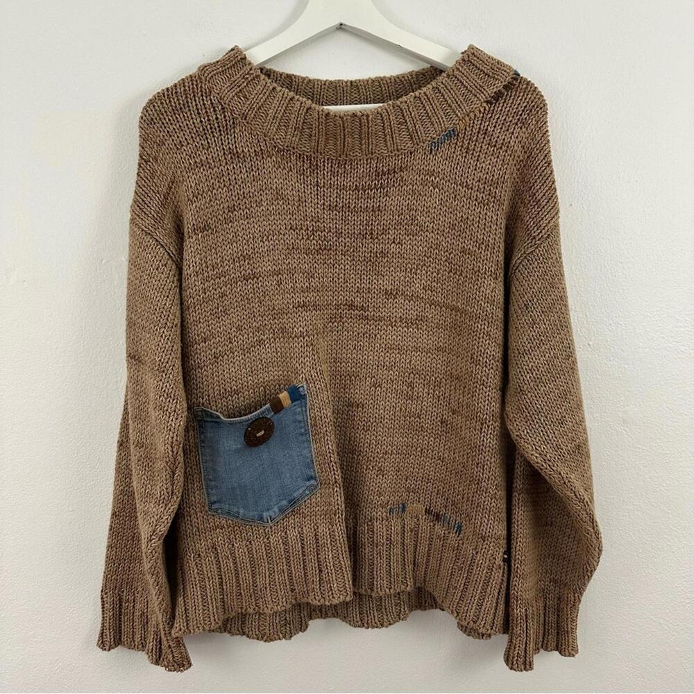 Casual Tan Knit Sweater with Denim Pocket